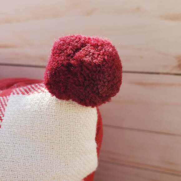 Christmas Holiday Throw Pillow Red Pom-Poms, Plaid Design Embroidered "Believe" - Picture 5 of 10